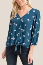 Francesca Inchess Claire Floral Printed Tie Front Top - Dark Teal