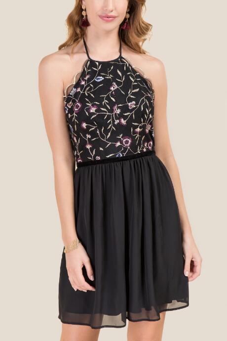 Francescas Goldie Floral Embroidery Combo Dress - Black