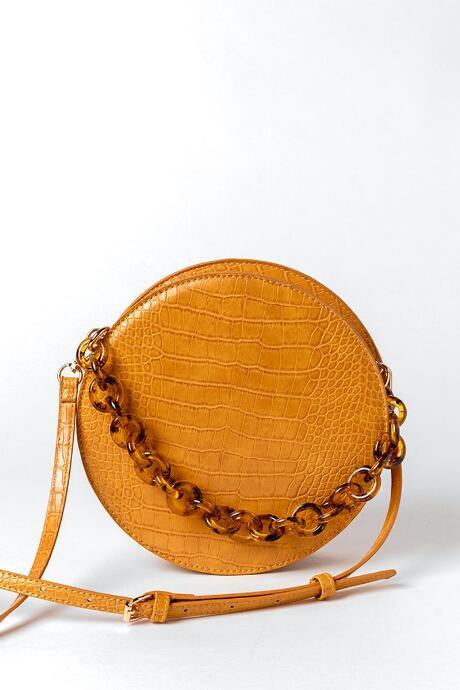 Francesca's Kim Round Crocodile Crossbody W Tort Chain - Mustard