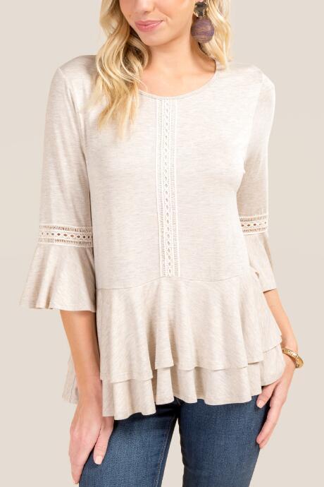 Francesca's Tiffany Crochet Peplum Top - Heather Oat