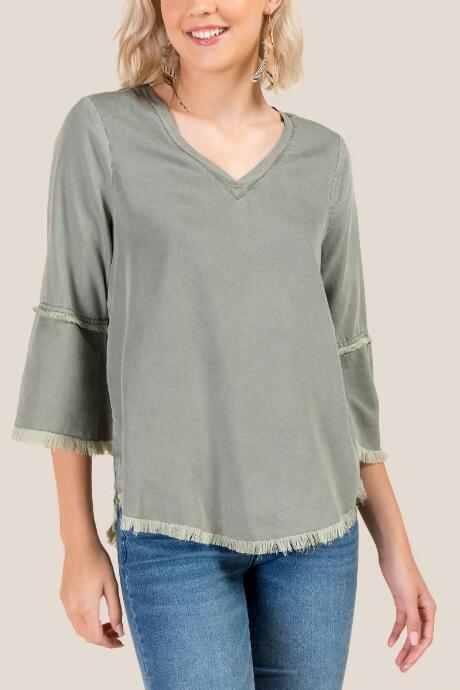 Francesca Inchess Ellie V Neck Frayed Hem Top - Dark Olive