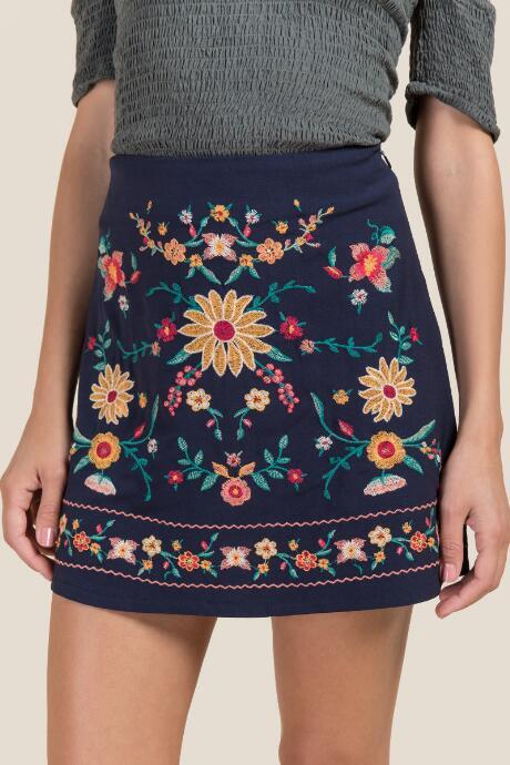 Francesca Inchess Arielle Floral Embroidered Front Mini Skirt - Navy