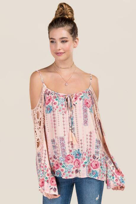 Blue Rain Samara Cold Shoulder Floral Crochet Sleeve Top - Blush