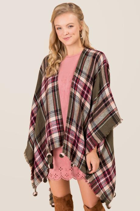 Francesca's Zuleika Olive Plaid Pom Ruana - Dark Olive