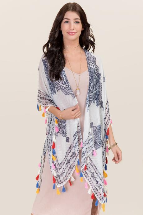 Francesca's Tina Tribal Color Pop Tassel Ruana - Ivory