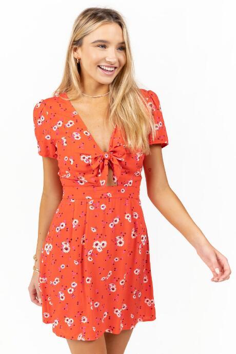 Francesca's Aylin Floral Front Bow Dress - Red