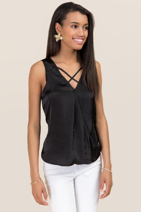 Blue Rain Sofia Surplus X Neck Washed Satin Sleeveless Tank - Black