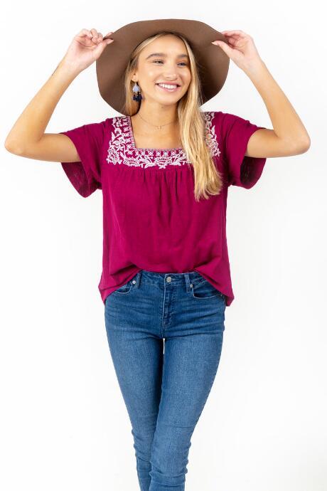 Francesca's Dakota Embroidered Top - Wine