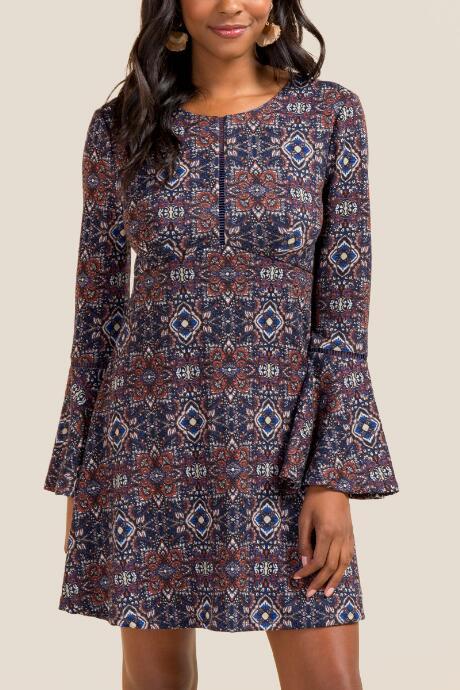 Francesca's Devon Long Sleeve Shift Dress - Navy