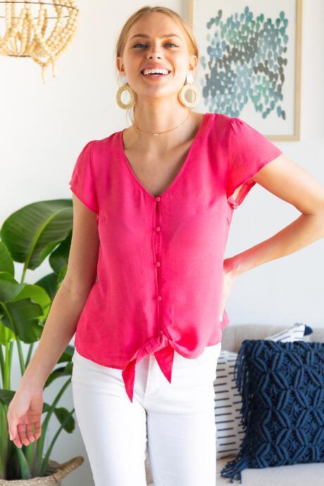 Francesca's Julissa Tie Front Blouse - Fuchsia