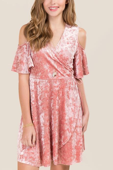 Alya Blossom Cold Shoulder Velvet Wrap Dress - Rose