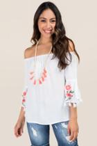 Blue Rain Paola Floral Embroidered Bell Sleeve Top - White