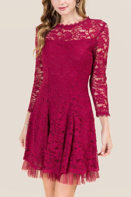Francescas Darla Lace Tulle Hem Dress - Burgundy