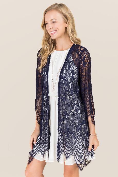 Francesca's Eisley Solid Lace Kimono - Navy