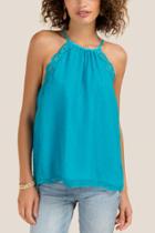 Francesca's Candee High Neck Swiss Dot Lace Edge Top - Turquoise