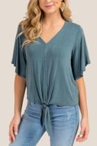 Francesca Inchess Ally Front Tie Peplum Sleeves Fashion Tee - Teal