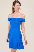Francesca Inchess Sierra Ruffle Across The Shoulder Dress - Blue