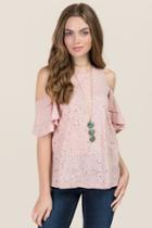Alya Nerys Double Ruffle Cold Shoulder Distressed Knit Tee - Blush