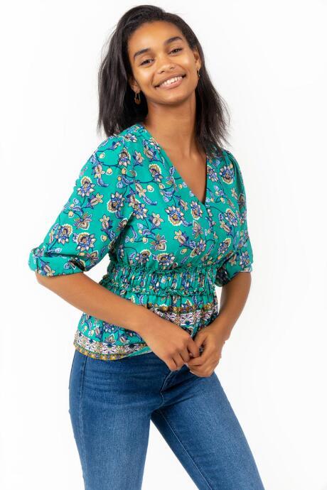 Francesca's Ridley Button Scarf Print Blouse - Emerald