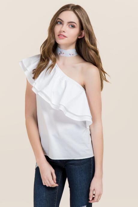 Blue Rain Ivy Ruffle One Shoulder Poplin Top - White