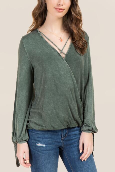 Francesca's Elsie Tie Sleeve Surplus Top - Dark Olive