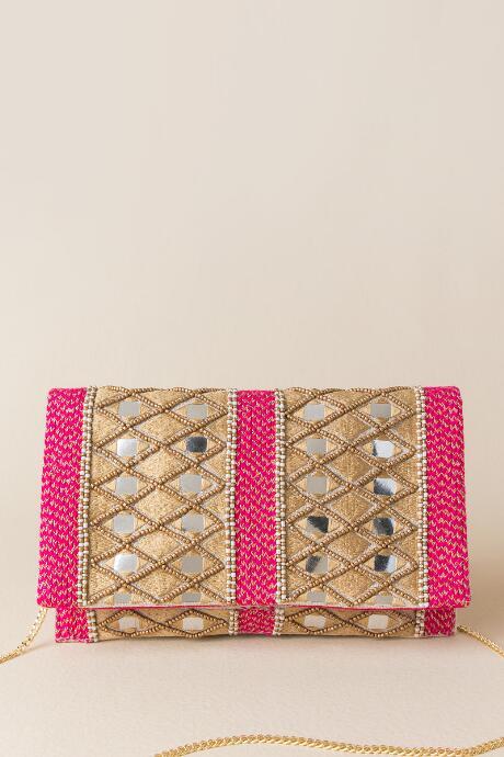 Francesca's Sabrina Pink And Gold Embellished Crossbody Clutch - Neon Pink