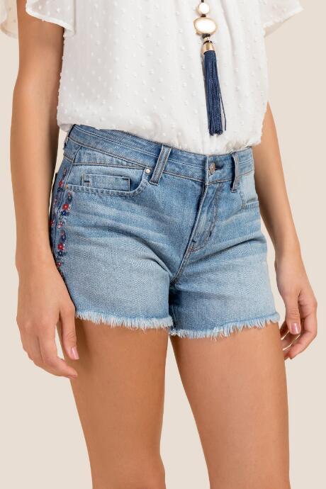 Francesca Inchess Chanae Embroidered Fray Hem Jean Shorts - Lite