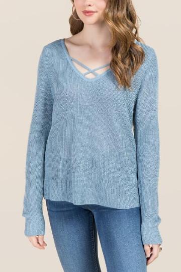 Mi Ami Breanna Lattice Pullover Sweater - Oxford Blue