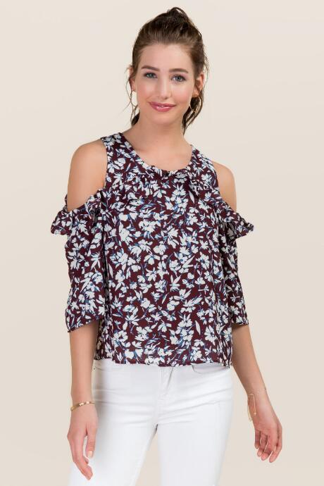 Timing Elliana Ruffle Floral Cold Shoulder Top - Wine