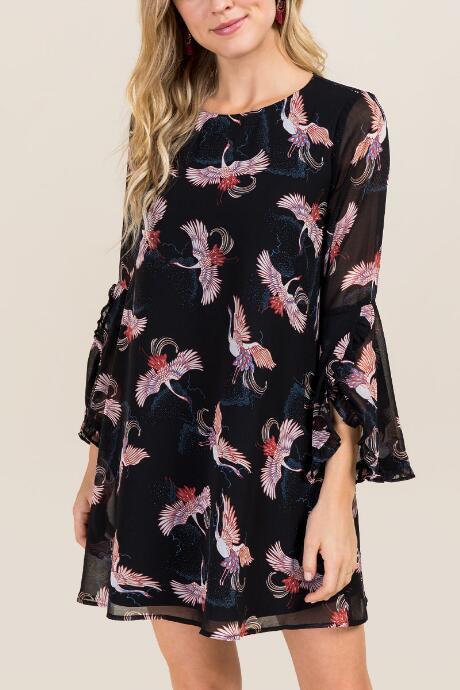 Blue Rain Mina Bell Sleeve Bird Shift Dress - Black