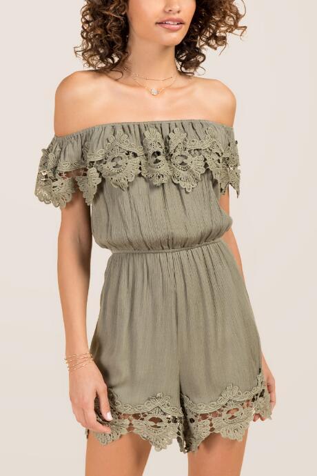 Francesca Inchess Imogen Off The Shoulder Lace Crochet Romper - Dark Olive