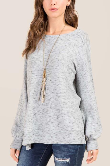 Francesca's Trista Poet Sleeve Hacci Top - Heather Gray
