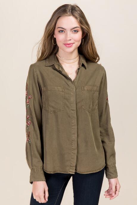 Thread And Supply Chandler Embroidered Rose Sleeve Button Down Top - Olive