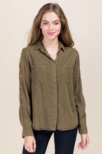 Thread And Supply Chandler Embroidered Rose Sleeve Button Down Top - Olive