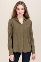 Thread And Supply Chandler Embroidered Rose Sleeve Button Down Top - Olive