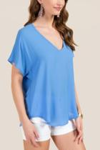 Lush V Neck Basic Back Seam Top - Oxford Blue