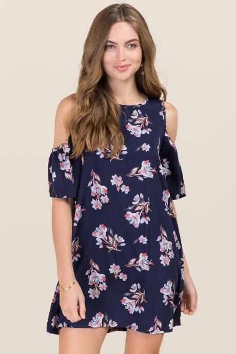 Blue Rain Makena Cold Shoulder Floral Dress - Navy