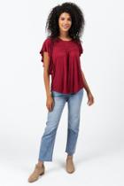 Francesca's Sicily Smocked Ruffle Sleeve Blouse - Wine