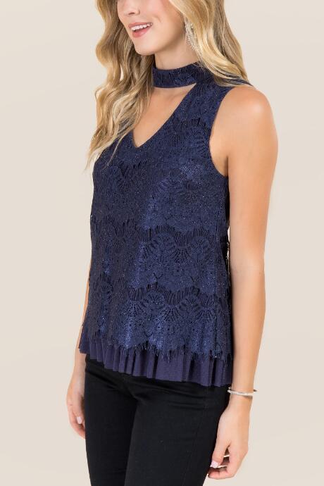 Francesca's Eden Foil Lace Gigi Top - Navy
