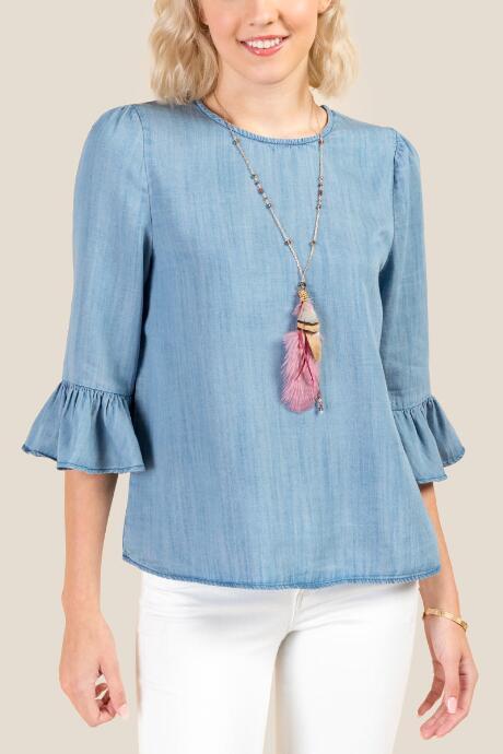 Francesca's Alison Flounce Sleeve Blouse - Medium Wash