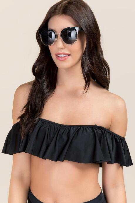 Francesca's Jasmin Off The Shoulder Flounce Swimsuit Top - Black