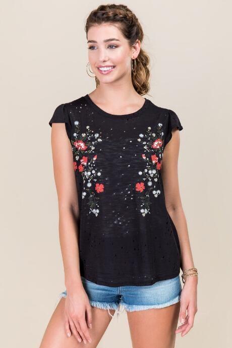 Alya Hazeline Ruffle Sleeve Floral Printed Distressed Knit Tee - Black
