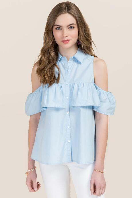 Blue Rain Dale Cold Shoulder Ruffle Button Down Top - Oxford Blue