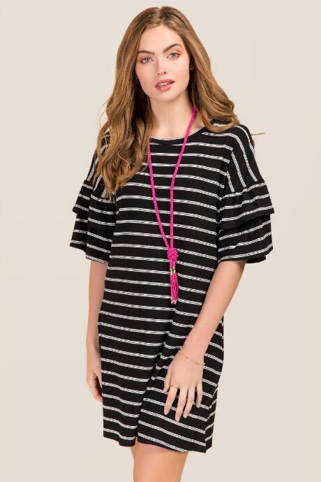 Alya Daphne Striped Ruffle Sleeve Knit Dress - Black/white