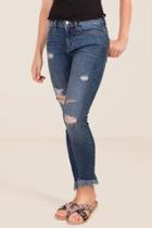 Harper Mid Rise Destructed Long Fray Hem Jeans - Medium Wash