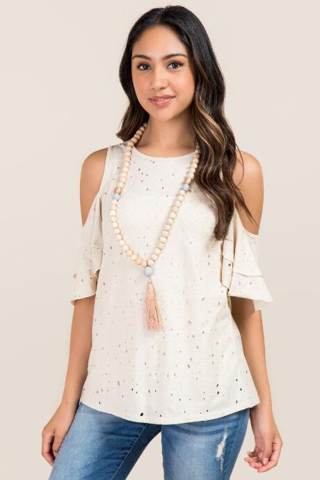 Alya Nerys Double Ruffle Cold Shoulder Distressed Knit Tee - Heather Oat