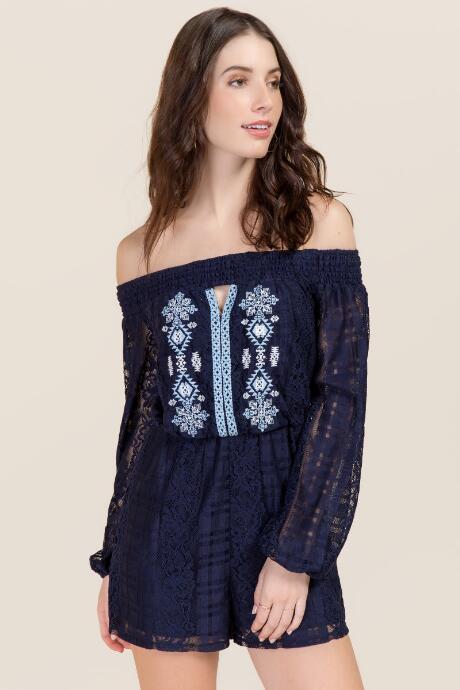 Mi Ami Bailey Off Shoulder Embroidered Romper - Navy