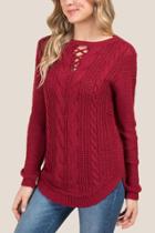 Francesca's Scotty Lattice Cable Pullover Sweater - Burgundy