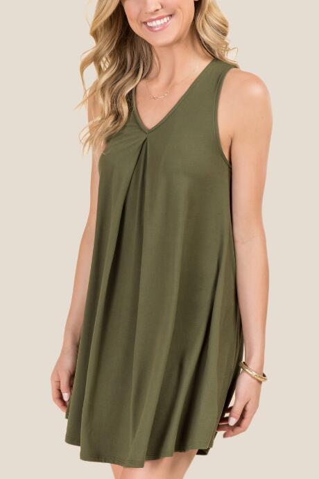 Francesca's Sabrina Pleat Front Open Back Knit Dress - Dark Olive