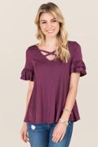 Blue Rain Elana Double Ruffle X Neck Knit Tee - Burgundy